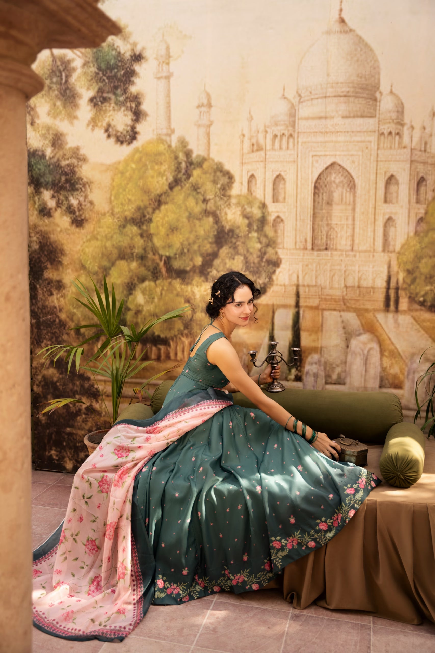 "Detailed drape view of the luxury embroidered dupatta paired with the LXM Deep Green Kalidaar ensemble from Mirha Collections."