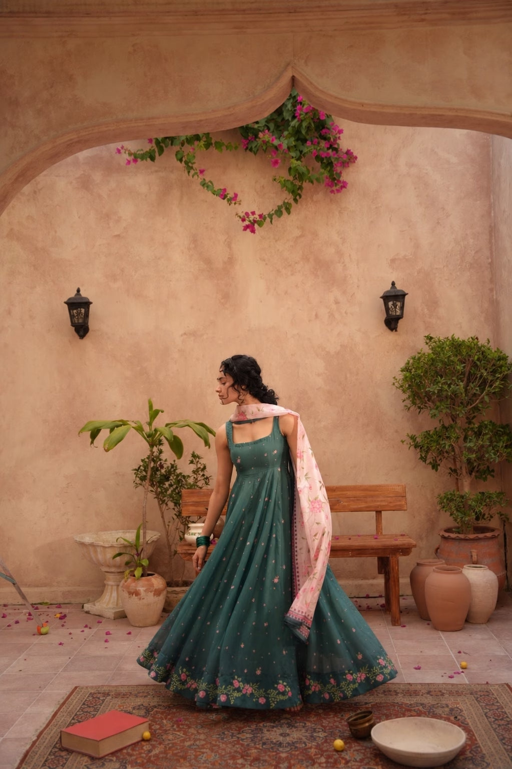 "Mirha Collections LXM Deep Green Kalidaar stitched three-piece suit. Full-length flared Pishwas frock view featuring intricate embroidery, matching dupatta, and trousers."
