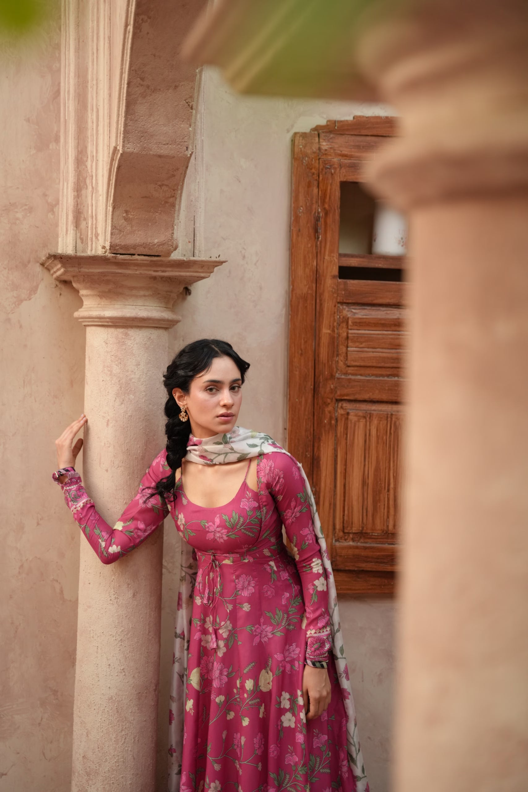 "Focus on the wide flared hemline border and sleeve cuff details of the LXM Deep Pink stitched Kalidaar frock, showing boutique-quality tailoring."