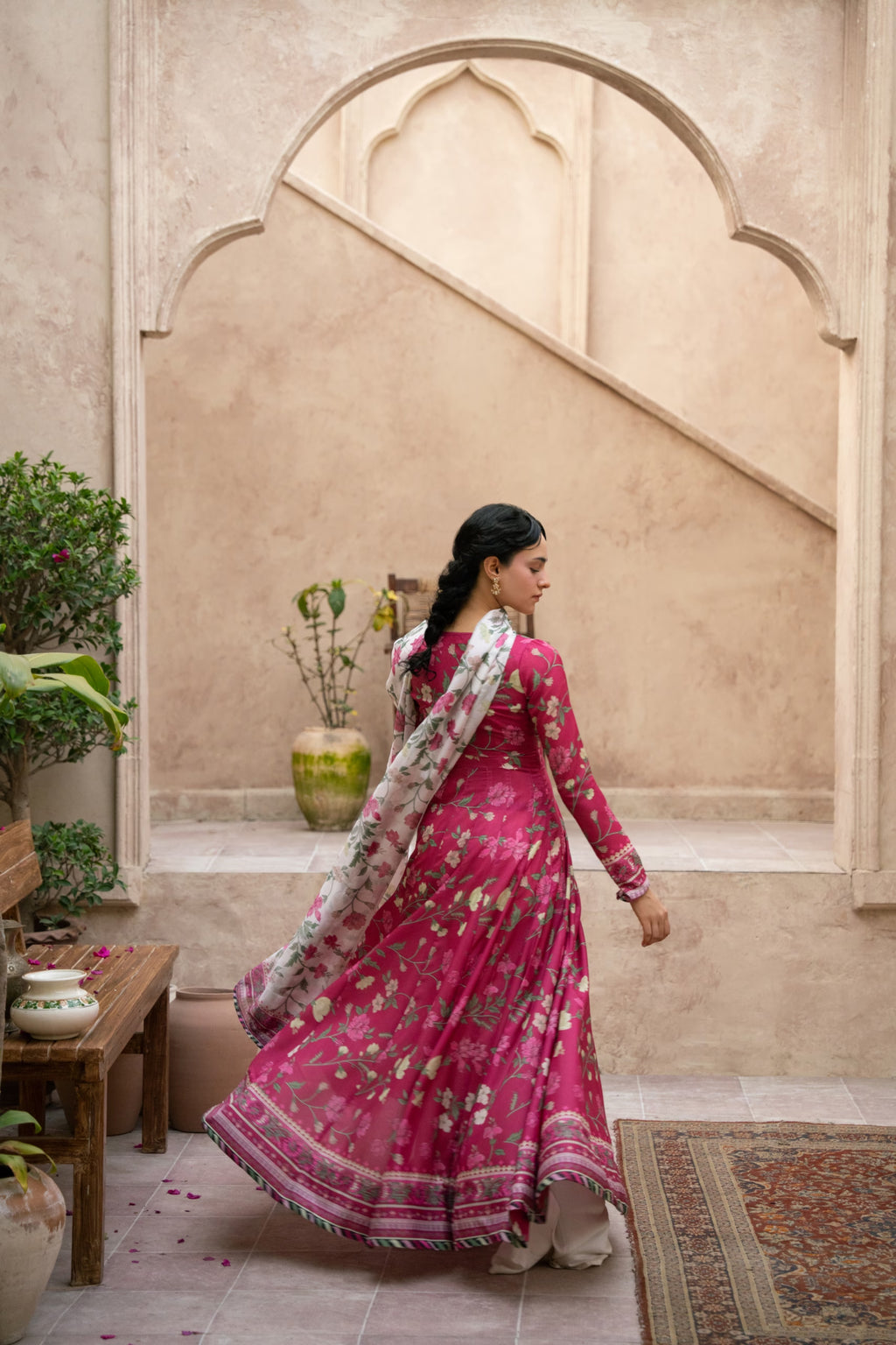 "Detailed drape view of the luxury fluid dupatta paired with the LXM Deep Pink Kalidaar ensemble from Mirha Collections."