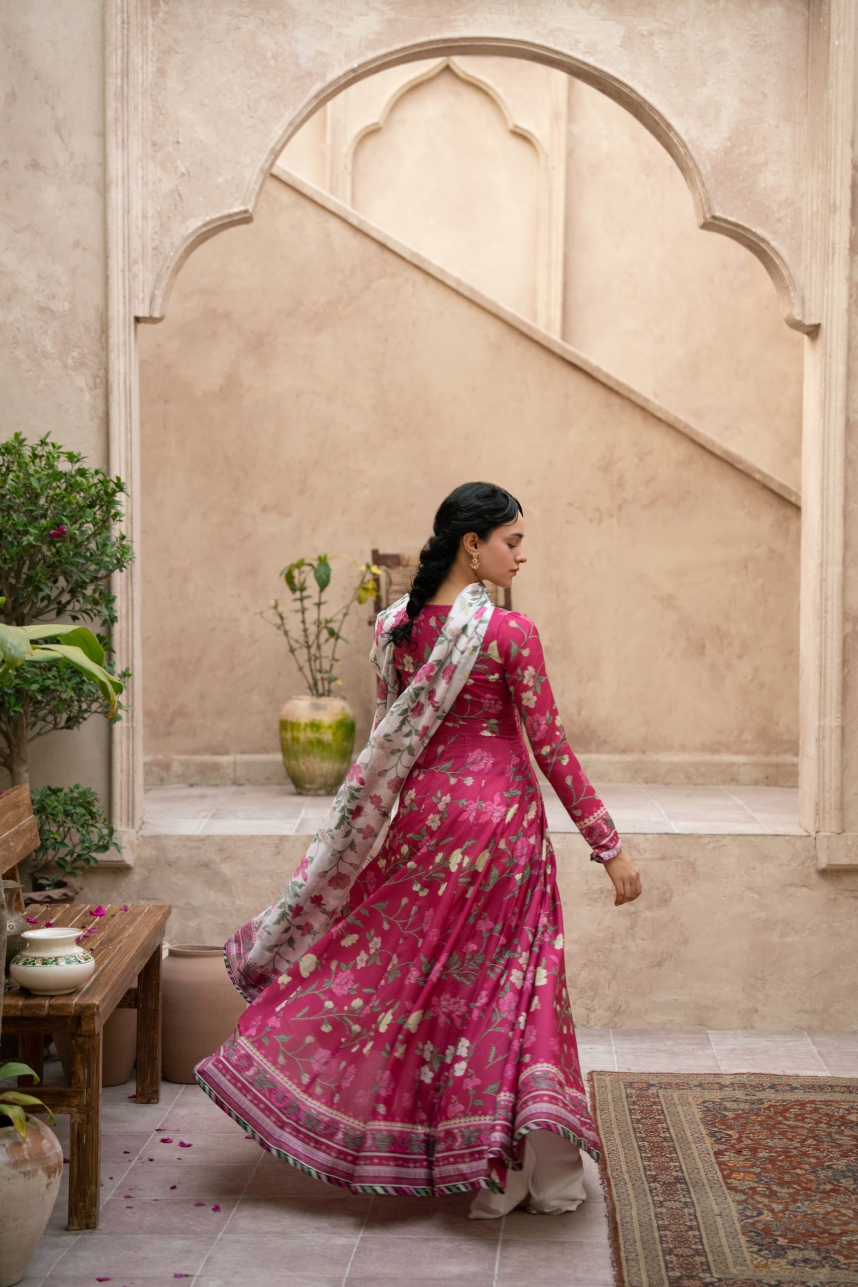 "Detailed drape view of the luxury fluid dupatta paired with the LXM Deep Pink Kalidaar ensemble from Mirha Collections."