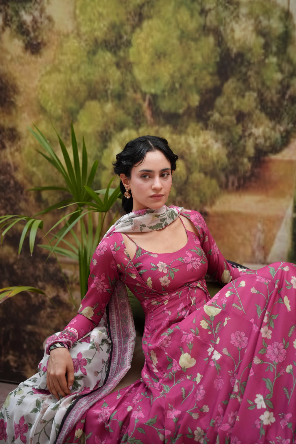 "Close-up view of the LXM Deep Pink Kalidaar shirt bodice, highlighting fine threadwork embroidery, subtle neck finishes, and soft fabric texture."