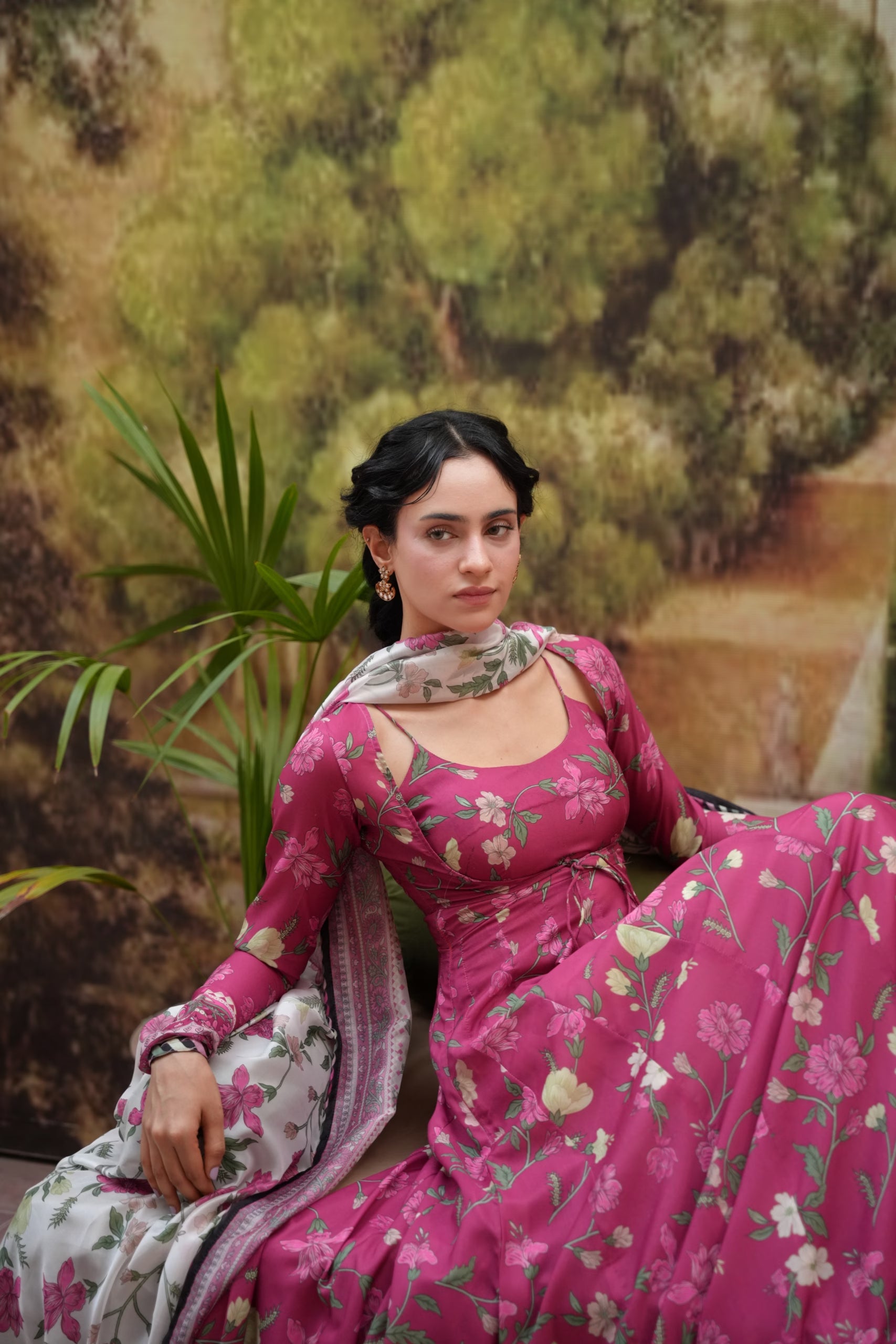 "Close-up view of the LXM Deep Pink Kalidaar shirt bodice, highlighting fine threadwork embroidery, subtle neck finishes, and soft fabric texture."
