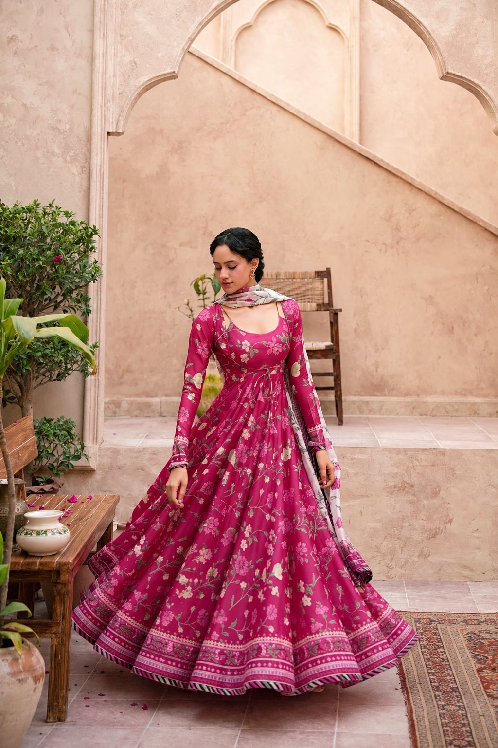 "Mirha Collections LXM Deep Pink Kalidaar stitched three-piece suit. Full-length flared Pishwas frock view featuring delicate embroidery, matching dupatta, and trousers."