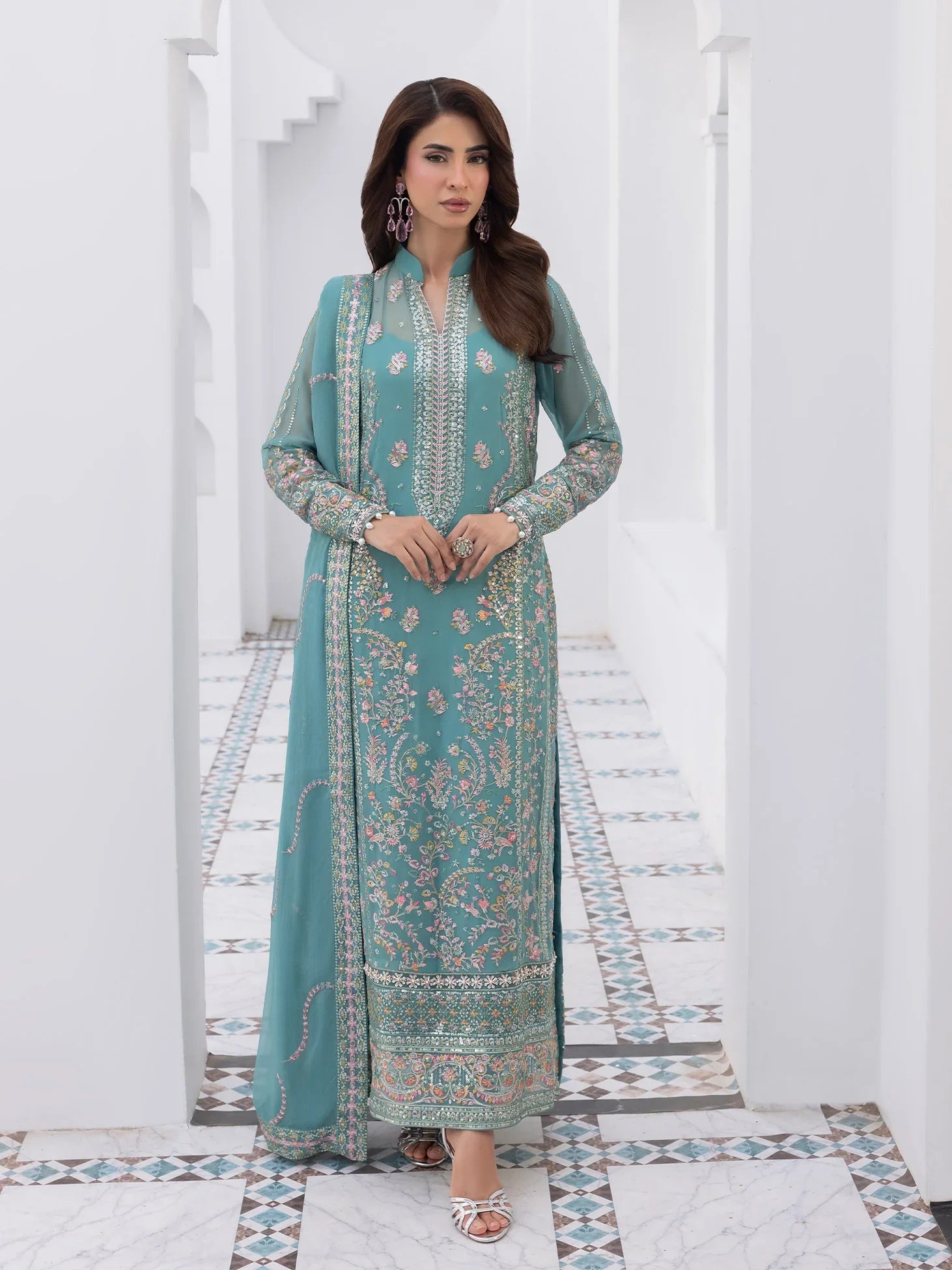 "Mirha Collections Gulaal Desir luxury embroidered stitched three-piece suit. Full-length front view featuring tailored shirt, embellished dupatta, and trousers."