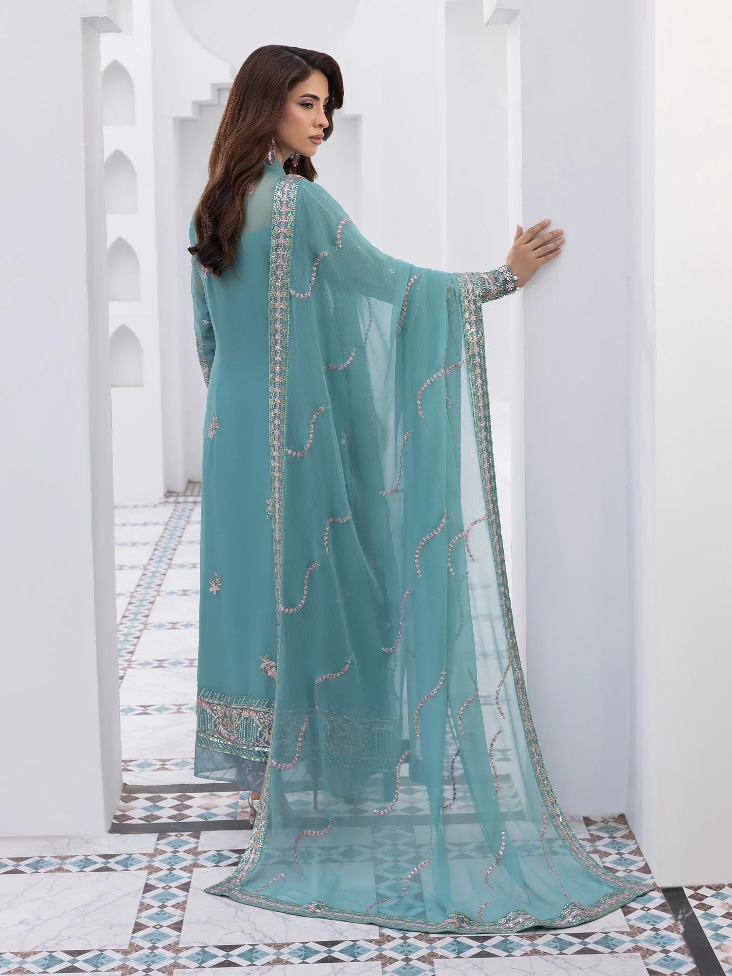 "Close-up detailing on the Gulaal Desir shirt bodice, displaying fine threadwork embroidery, shimmering sequin accents, and soft fabric texture."