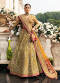 "Mirha Collections Gulaal Diya crimson red luxury hand-embellished stitched three-piece wedding formal suit. Full-length front view featuring tailored shirt, contrasting dupatta, and raw silk trousers."