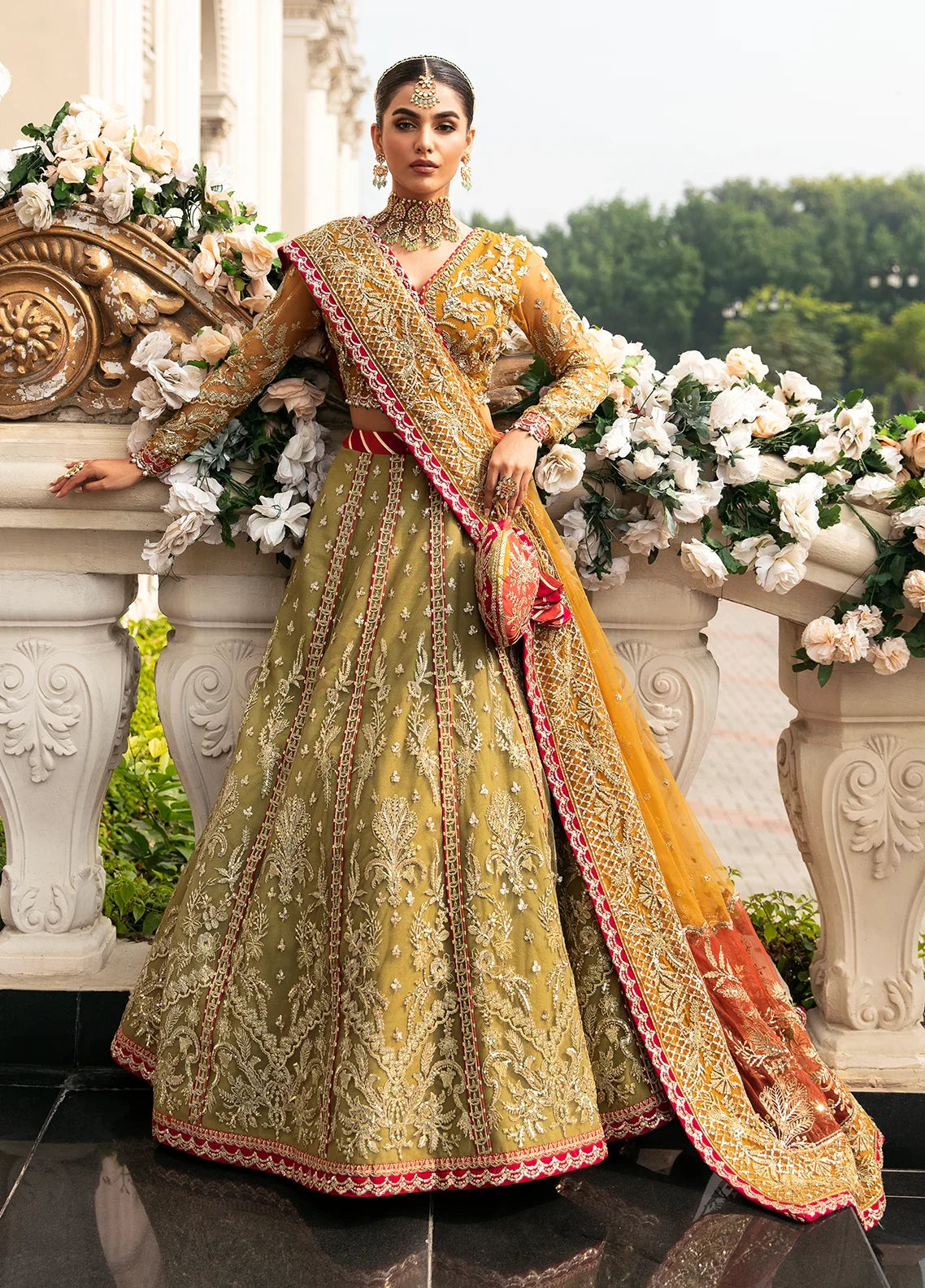 "Mirha Collections Gulaal Diya crimson red luxury hand-embellished stitched three-piece wedding formal suit. Full-length front view featuring tailored shirt, contrasting dupatta, and raw silk trousers."