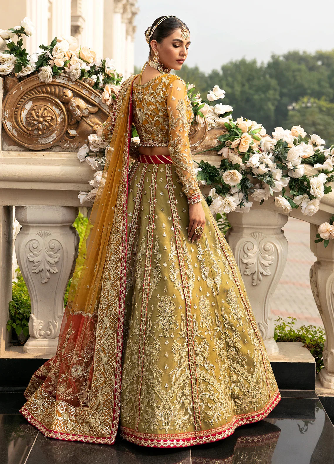 "Detailed drape view of the fluid luxury embroidered statement dupatta with finished border motifs paired with the Gulaal Diya formal suit from Mirha Collections."