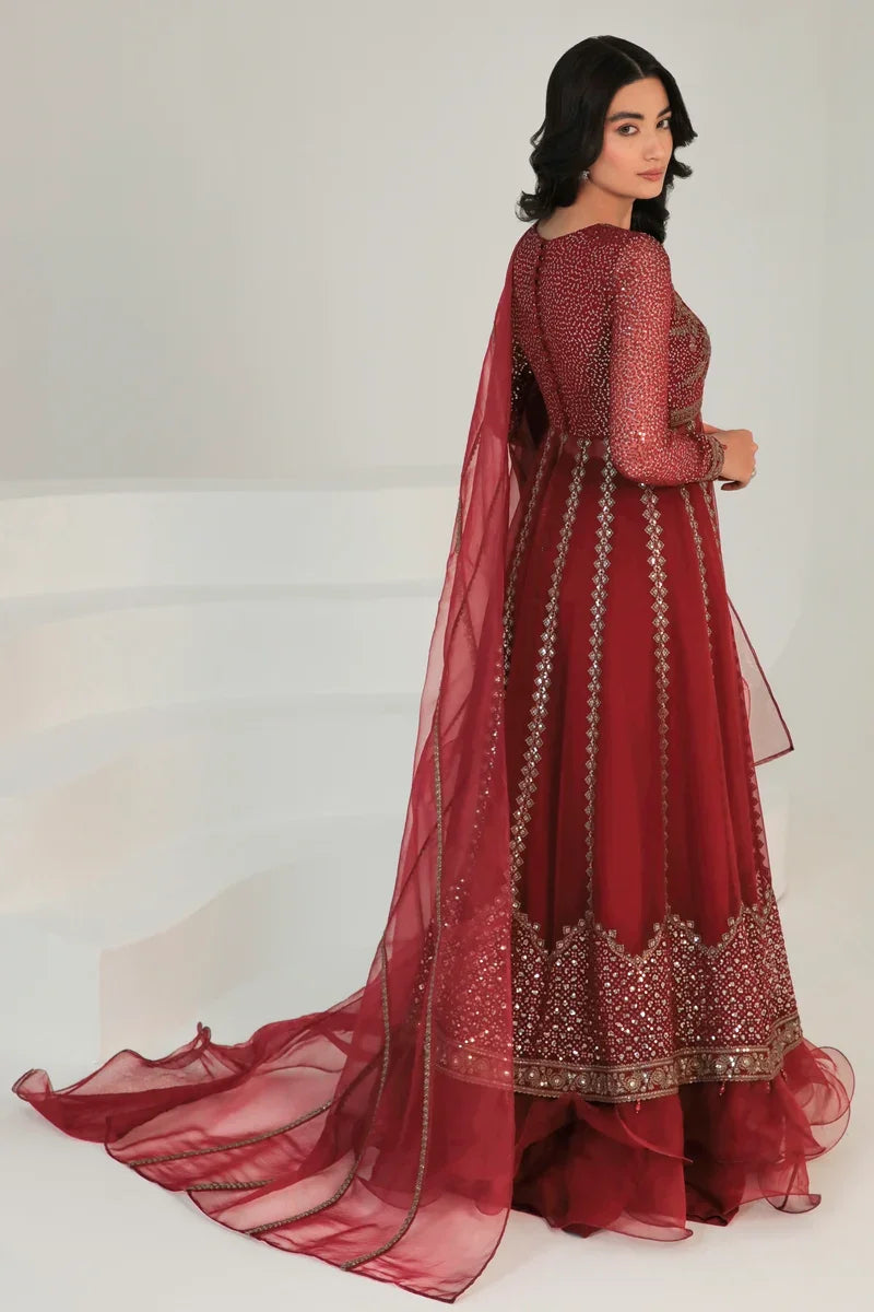 "Detailed drape view of the matching embroidered chiffon dupatta with embellished pallu borders paired with the Jazmin UC-3126 suit from Mirha Collections."