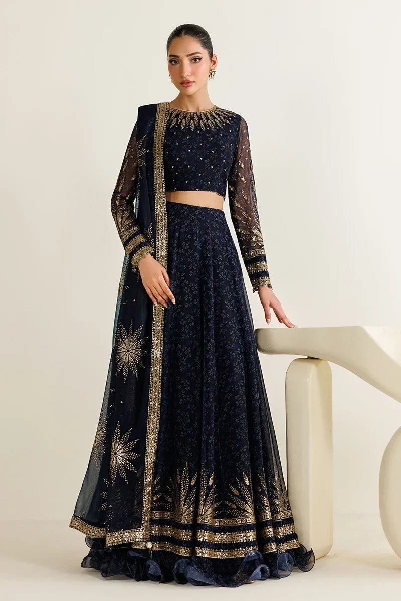 "Mirha Collections Jazmin UC-3103 embroidered luxury chiffon three-piece formal suit full length front view."