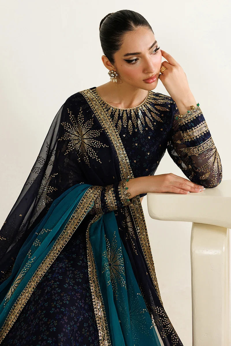 "Detailed drape view of the matching embroidered chiffon dupatta with border patches paired with the Jazmin UC-3103 suit from Mirha Collections."