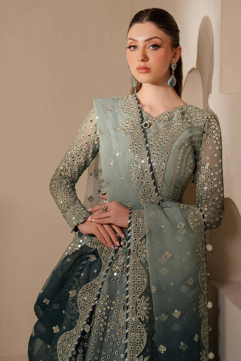 "Mirha Collections Jazmin UC-3115 embroidered luxury chiffon three-piece formal suit full length front view."