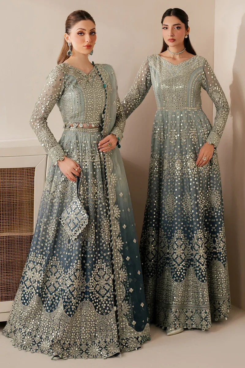 "Detailed drape view of the matching embroidered chiffon dupatta with border patches paired with the Jazmin UC-3115 suit from Mirha Collections."