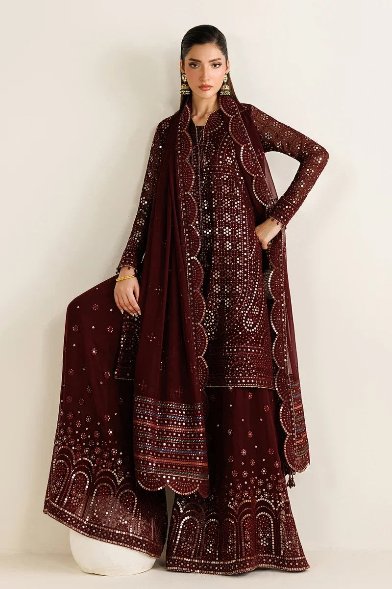 "Mirha Collections Jazmin UC-3126 embroidered luxury chiffon three-piece formal suit full length front view."
