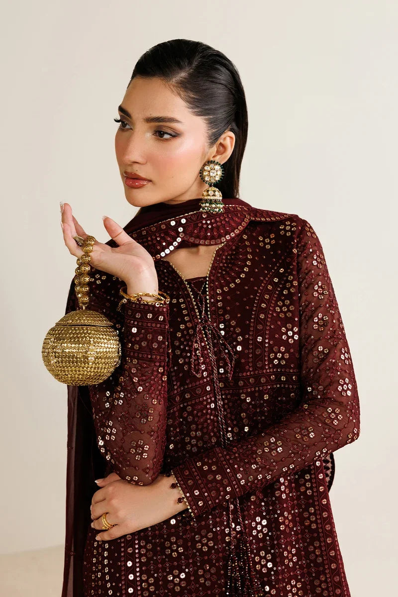 "Detailed drape view of the matching embroidered chiffon dupatta with embellished pallu borders paired with the Jazmin UC-3126 suit from Mirha Collections."