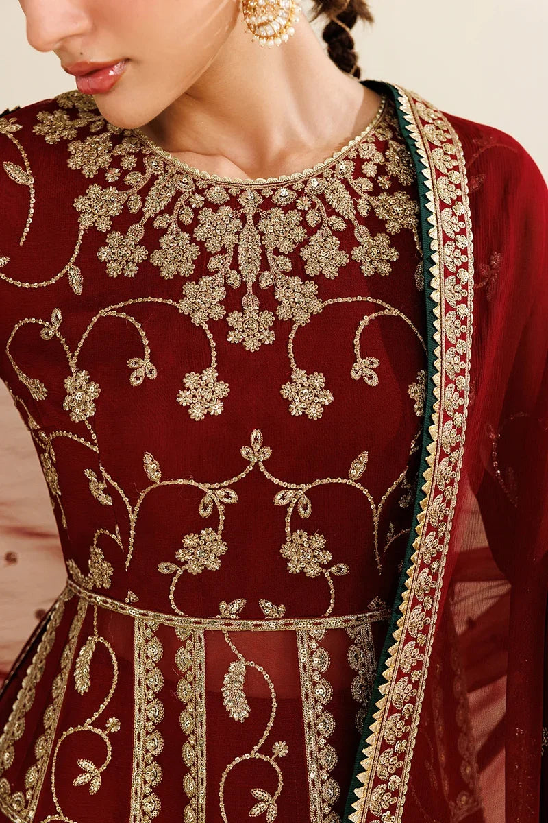 "Detailed drape view of the matching embroidered chiffon dupatta with ornate border patches paired with the Jazmin UC-3132 suit from Mirha Collections."