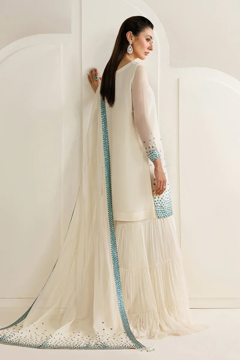 "Detailed drape view of the matching embroidered chiffon dupatta with ornate border edging paired with the Jazmin UC-3133 suit from Mirha Collections."