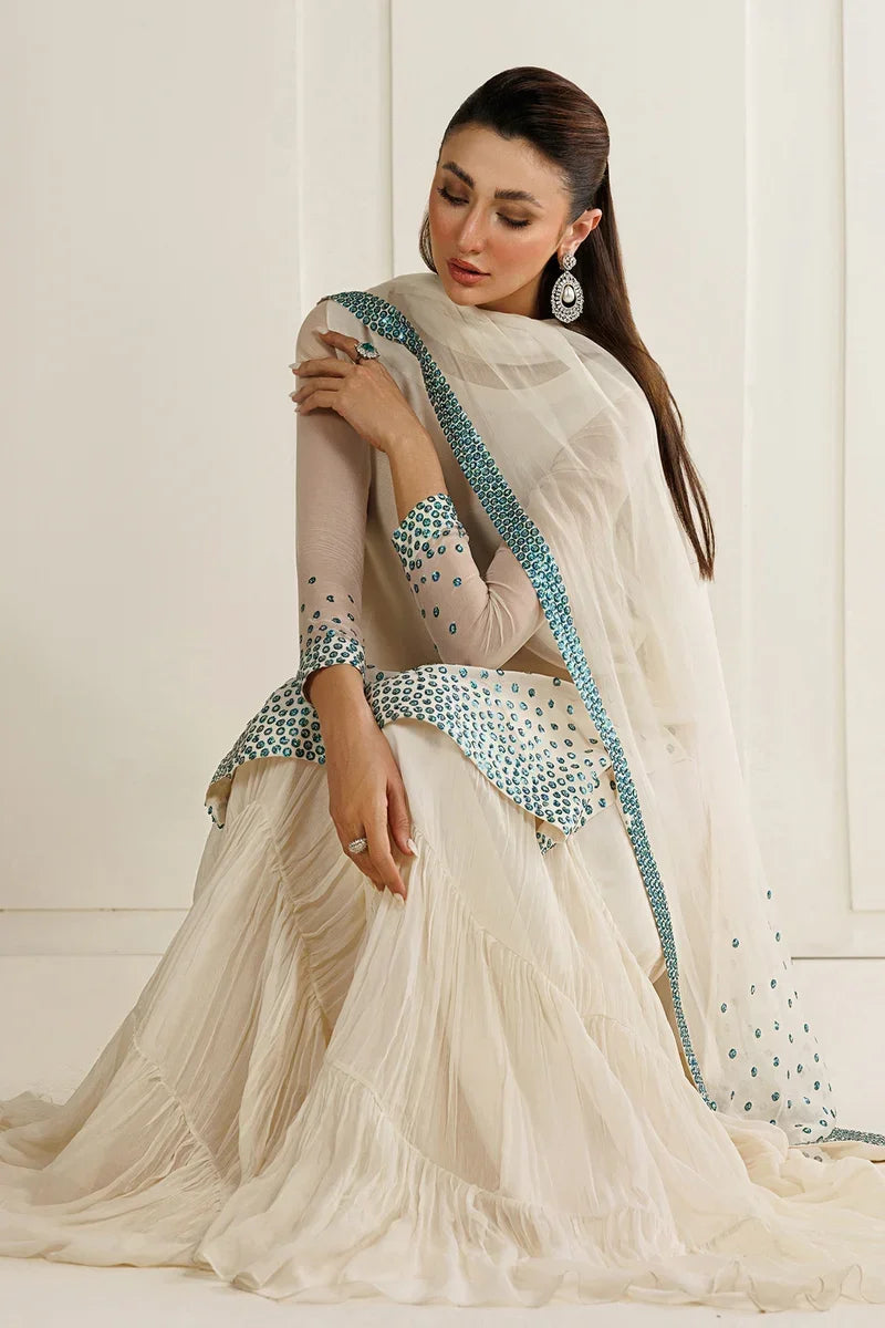 "Close-up detailing on the Jazmin UC-3133 chiffon shirt bodice featuring delicate hand-embellished threadwork embroidery and border work."
