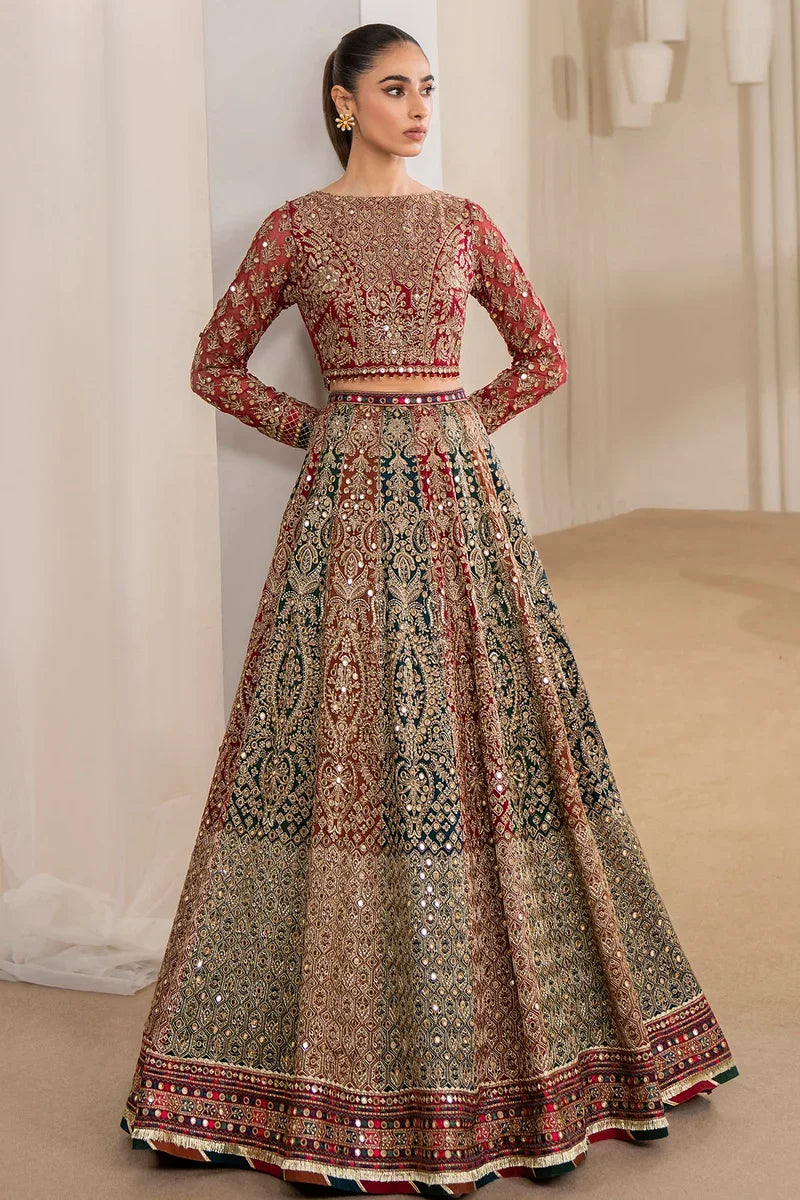 "Detailed drape view of the matching embroidered chiffon dupatta with border patches paired with the Jazmin WF24-02 suit from Mirha Collections."