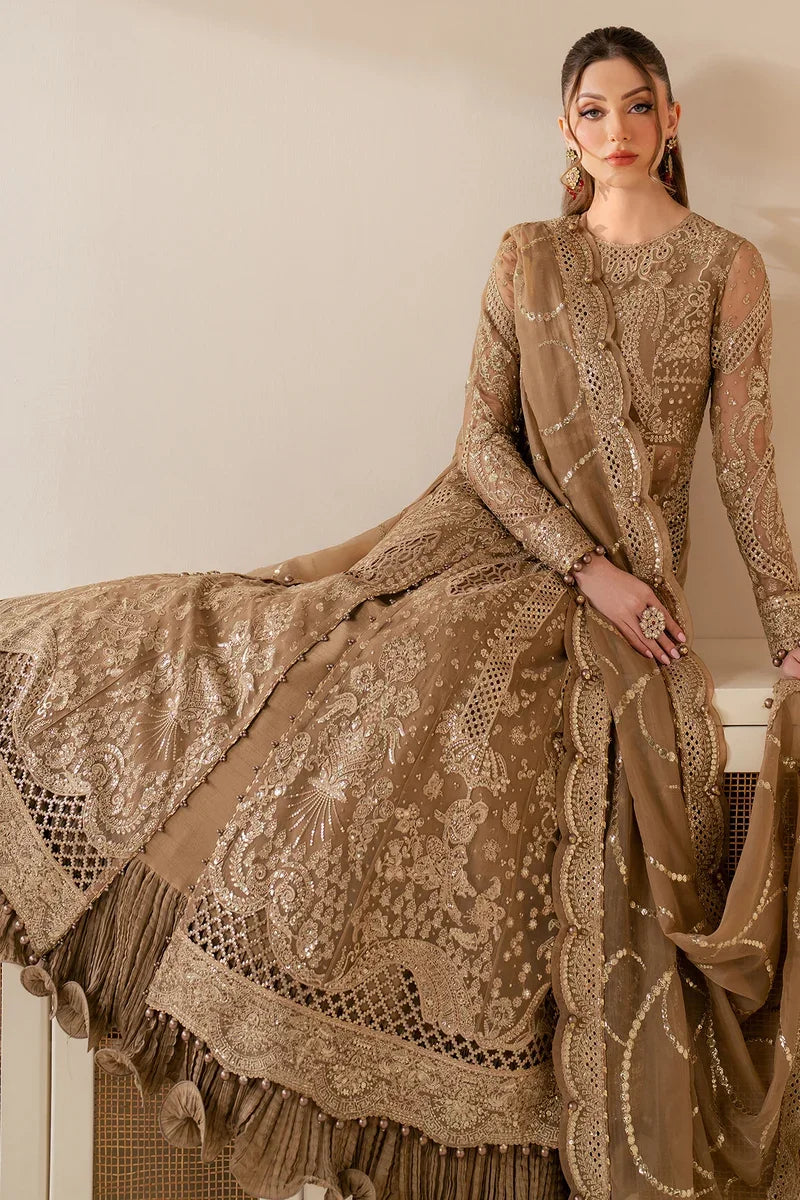 "Detailed drape view of the matching embroidered chiffon dupatta with border patches paired with the Jazmin WF25-04 suit from Mirha Collections."