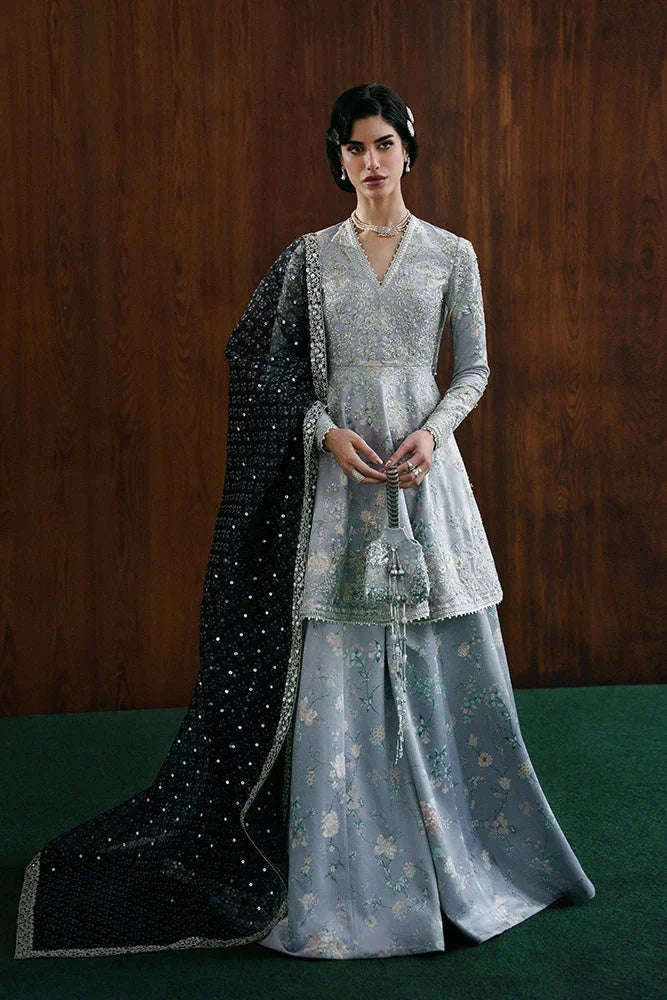 "Mirha Collections Suffuse Evia silk printed and embroidered shirt with straight raw silk trousers luxury pret three-piece set."