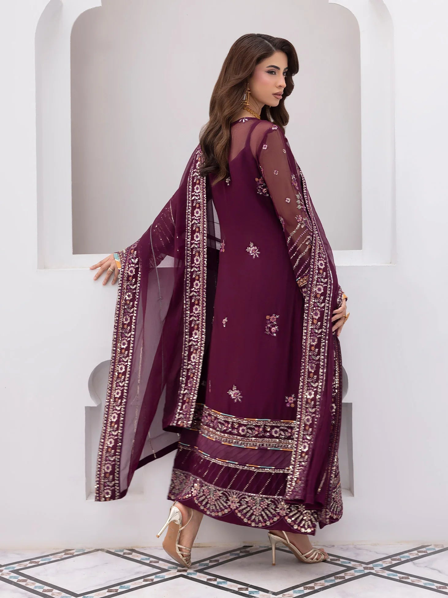 "Detailed drape view of the fluid luxury embroidered statement dupatta paired with the Gulaal Étincelle formal suit from Mirha Collections."
