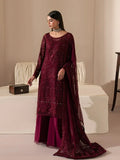"Mirha Collections Gulaal Etta maroon luxury embroidered stitched three-piece chiffon suit. Full-length front view featuring tailored shirt, embellished dupatta, and trousers."