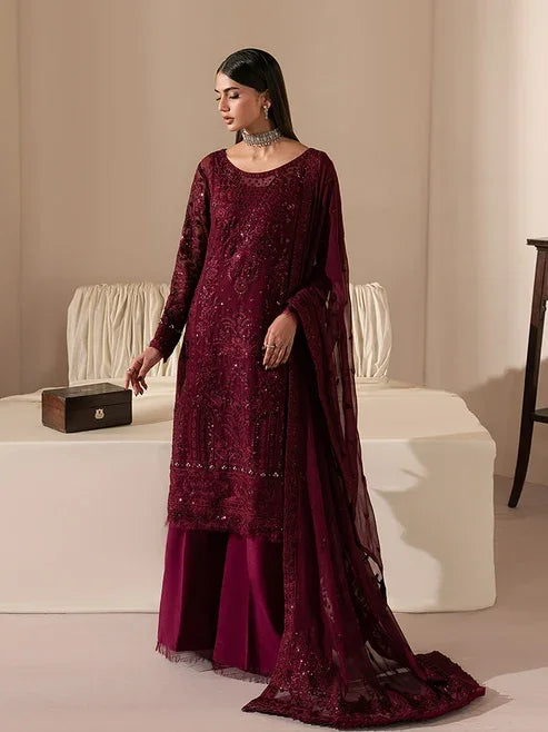 "Mirha Collections Gulaal Etta maroon luxury embroidered stitched three-piece chiffon suit. Full-length front view featuring tailored shirt, embellished dupatta, and trousers."