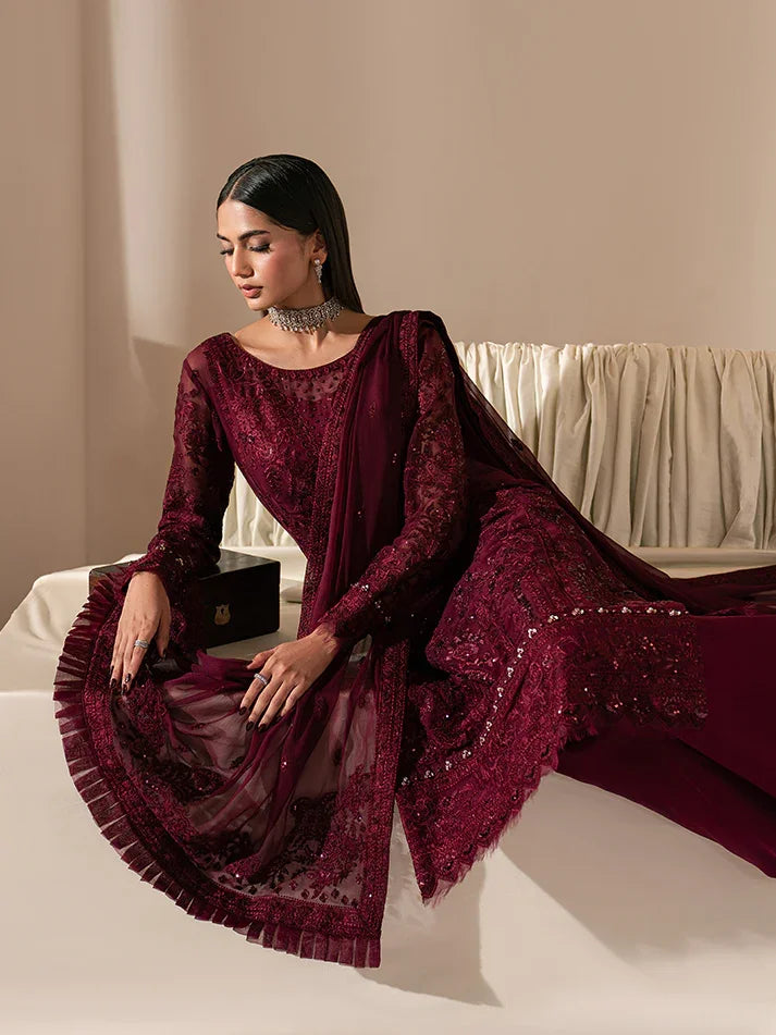 "Detailed drape view of the fluid luxury embroidered chiffon statement dupatta paired with the Gulaal Etta formal suit from Mirha Collections."