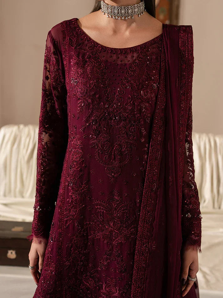 "Close-up detailing on the Gulaal Etta shirt bodice, displaying fine threadwork embroidery, delicate sequin accents, and deep maroon chiffon fabric texture."