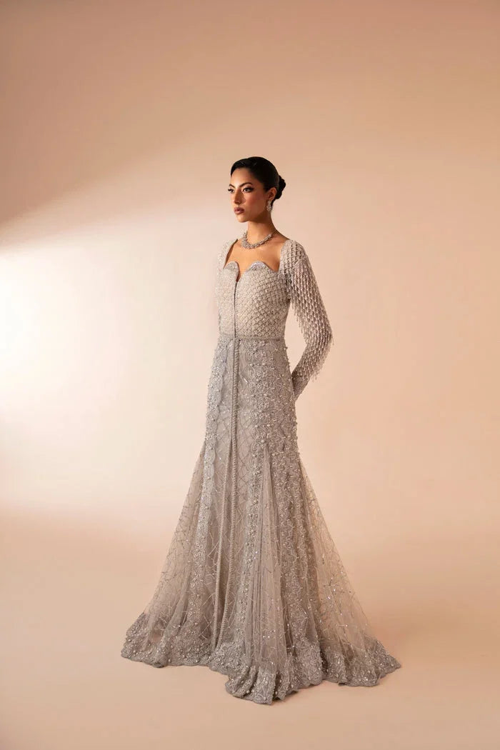 "Mirha Collections Mysie by Tahira Fere floral embroidered heavily embellished luxury formal shirt with trousers and dupatta three-piece set."