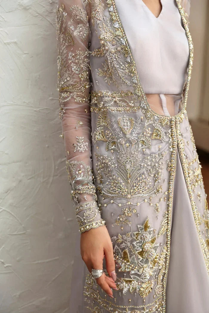 "Close-up of hand-worked zardozi, crystal accents, and fine resham threadwork embroidery on Mysie by Tahira Fere shirt bodice."