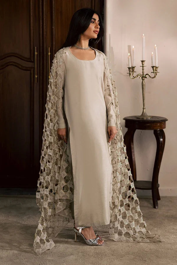 "Focus on matching statement embroidered dupatta framed with detailed borders paired with Nureh FP-158 set."