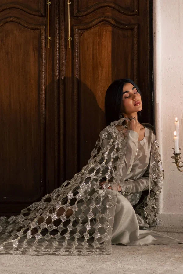 "Detailed view of intricate embroidered borders, cutwork daman finishing, and embellishments on Nureh FP-158 suit."