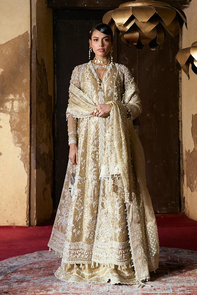 "Mirha Collections Suffuse Gulraiz floral embroidered heavily embellished wedding formal shirt with trousers and dupatta three-piece set."