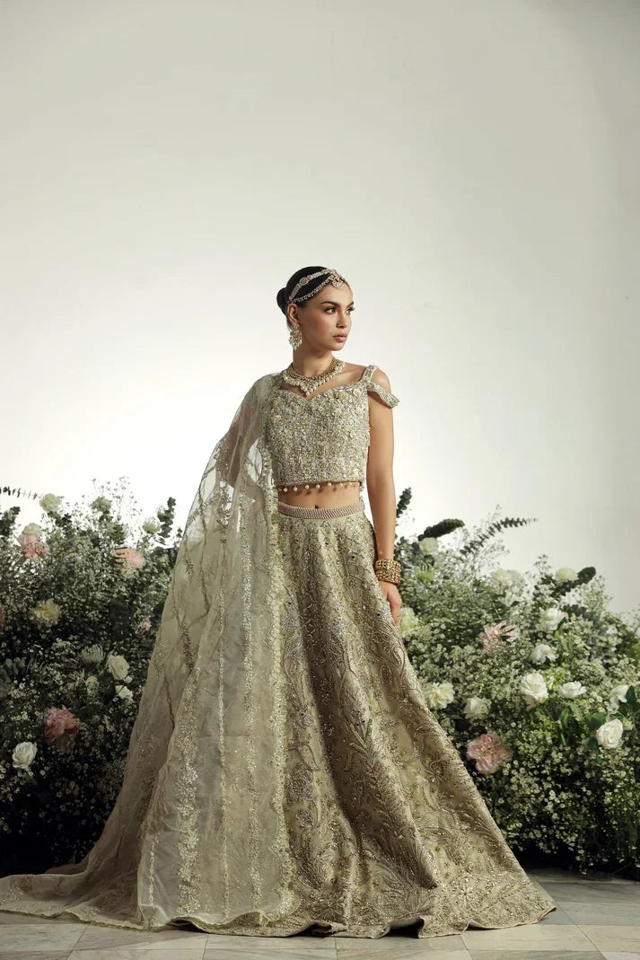 "Mirha Collections Mysie by Tahira Hansel intricately embroidered heavily embellished luxury formal set with trousers and dupatta."