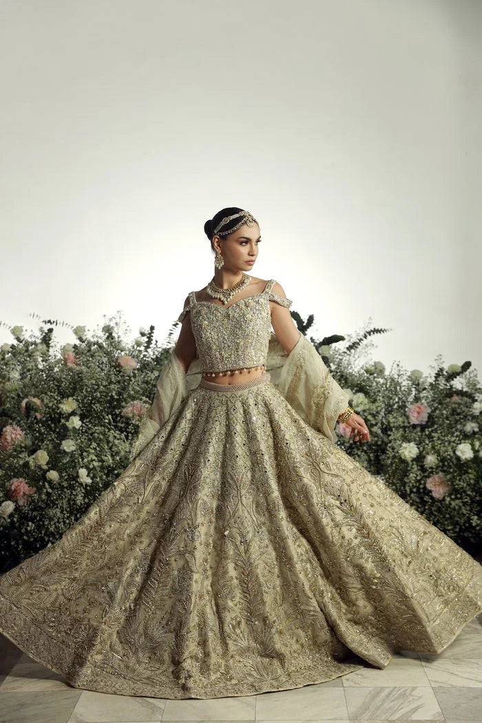 "Focus on matching heavy statement organza dupatta framed with four-sided embroidered borders paired with Mysie by Tahira Hansel set."