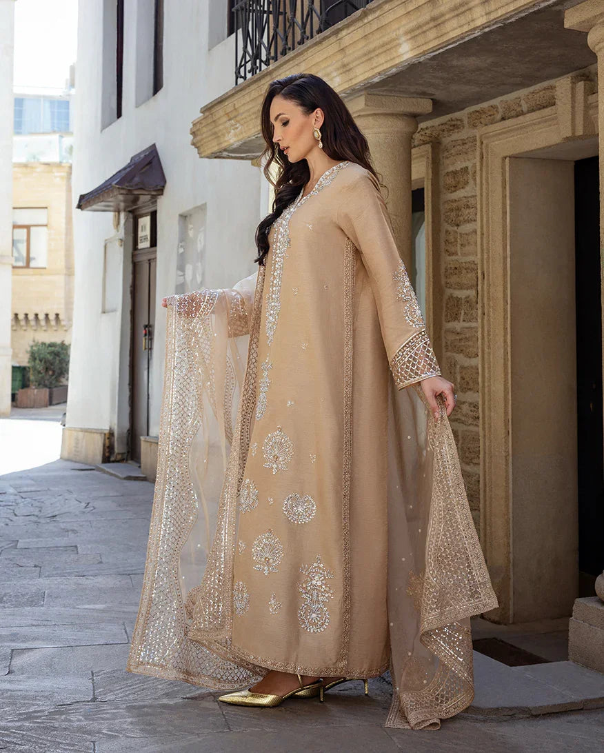 "Detailed drape view of the ethereal sheer organza dupatta paired with the golden beige Mushq Hazel Cascade formal suit from Mirha Collections."
