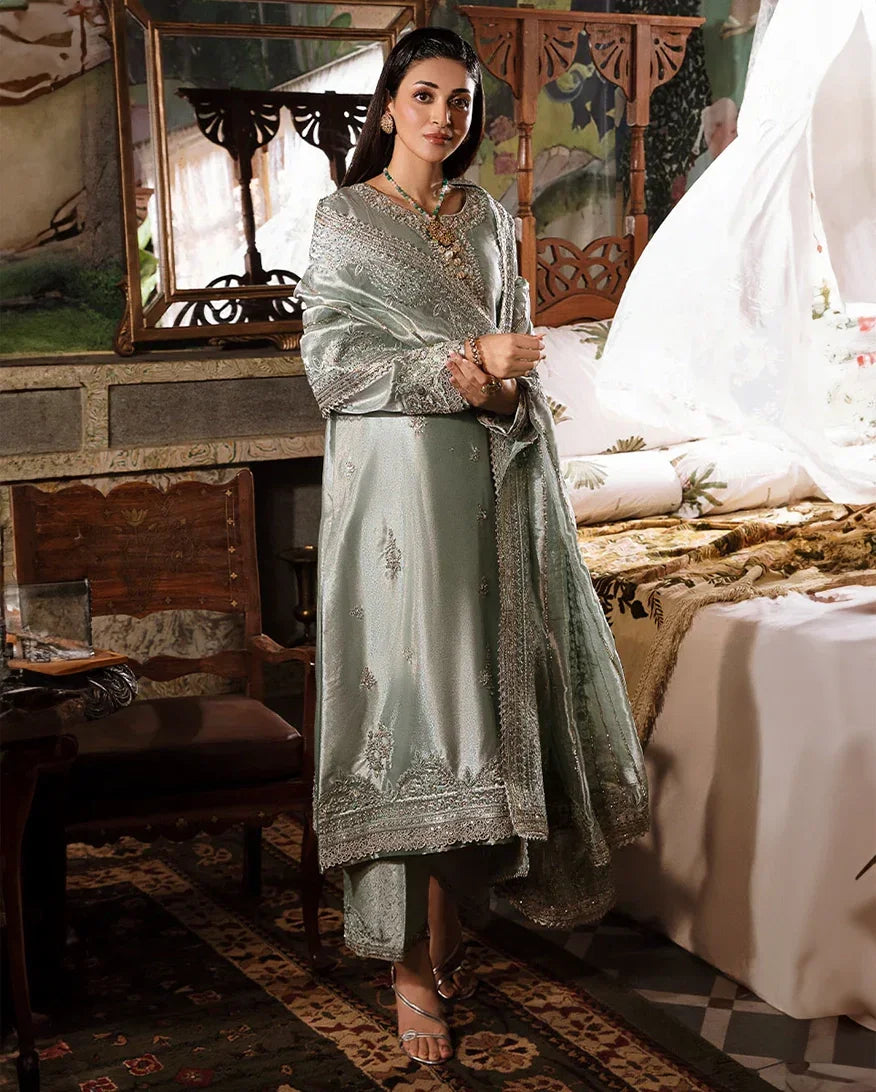 "Mirha Collections Mushq Heer luxury embroidered stitched three-piece suit. Full-length front view featuring tailored shirt, designer dupatta, and trousers."