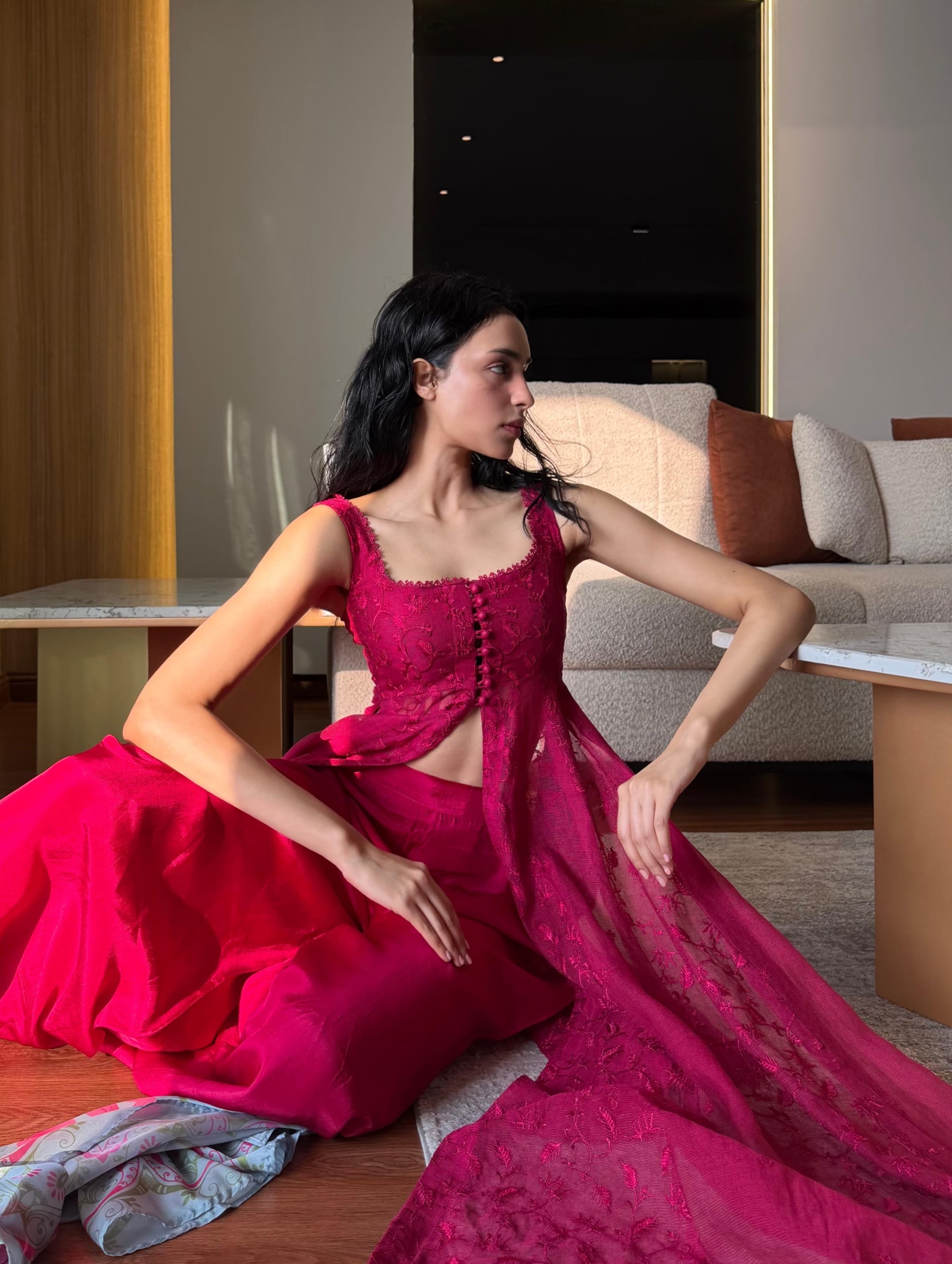 "Mirha Collections hot pink Kalidaar stitched three-piece Pakistani designer suit. Full-length flared Pishwas view featuring embroidered paneling, organza dupatta, and tailored trousers."