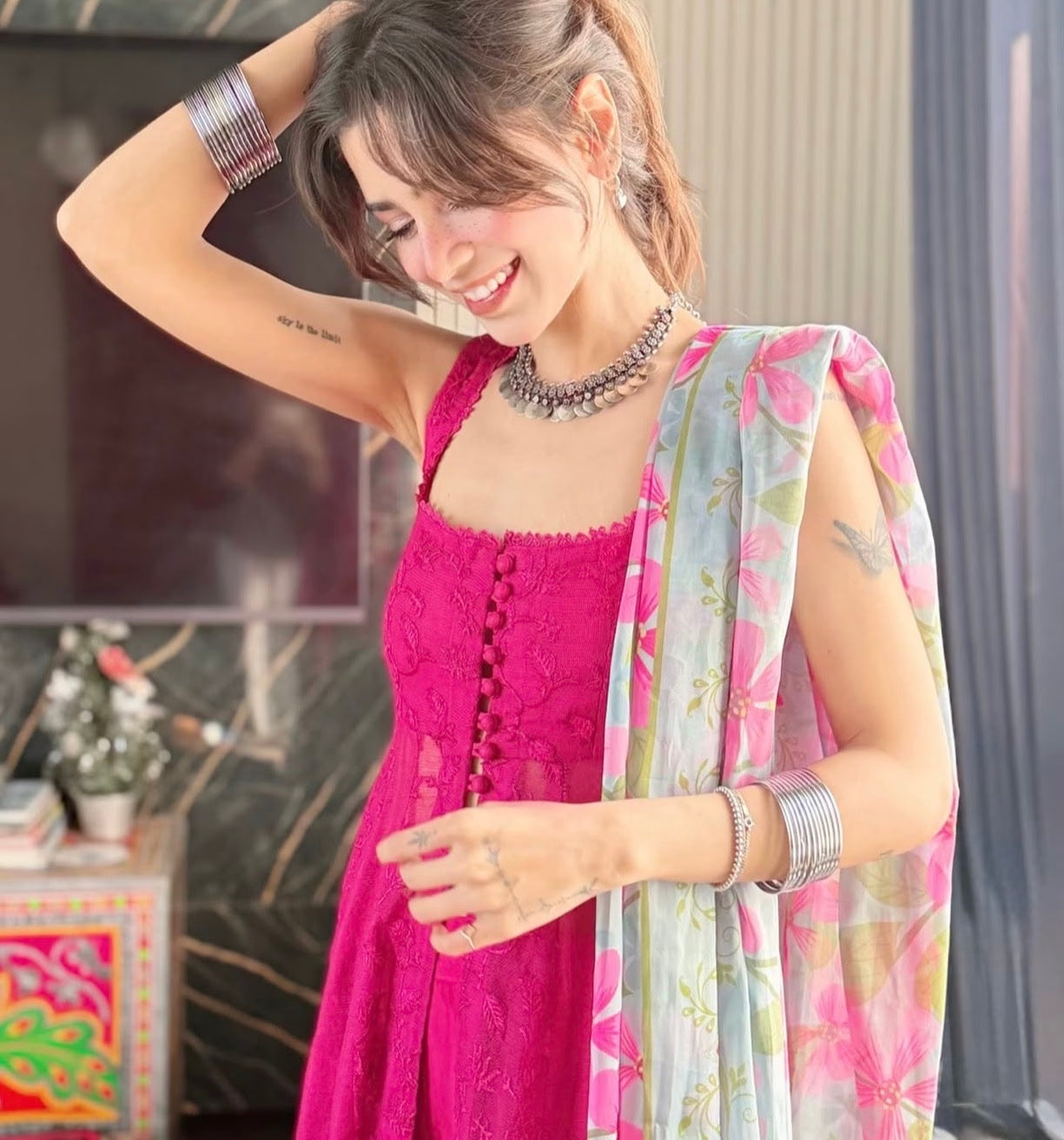 "Detailed drape view of the luxury contrast embroidered dupatta paired with the hot pink Kalidaar ensemble from Mirha Collections."