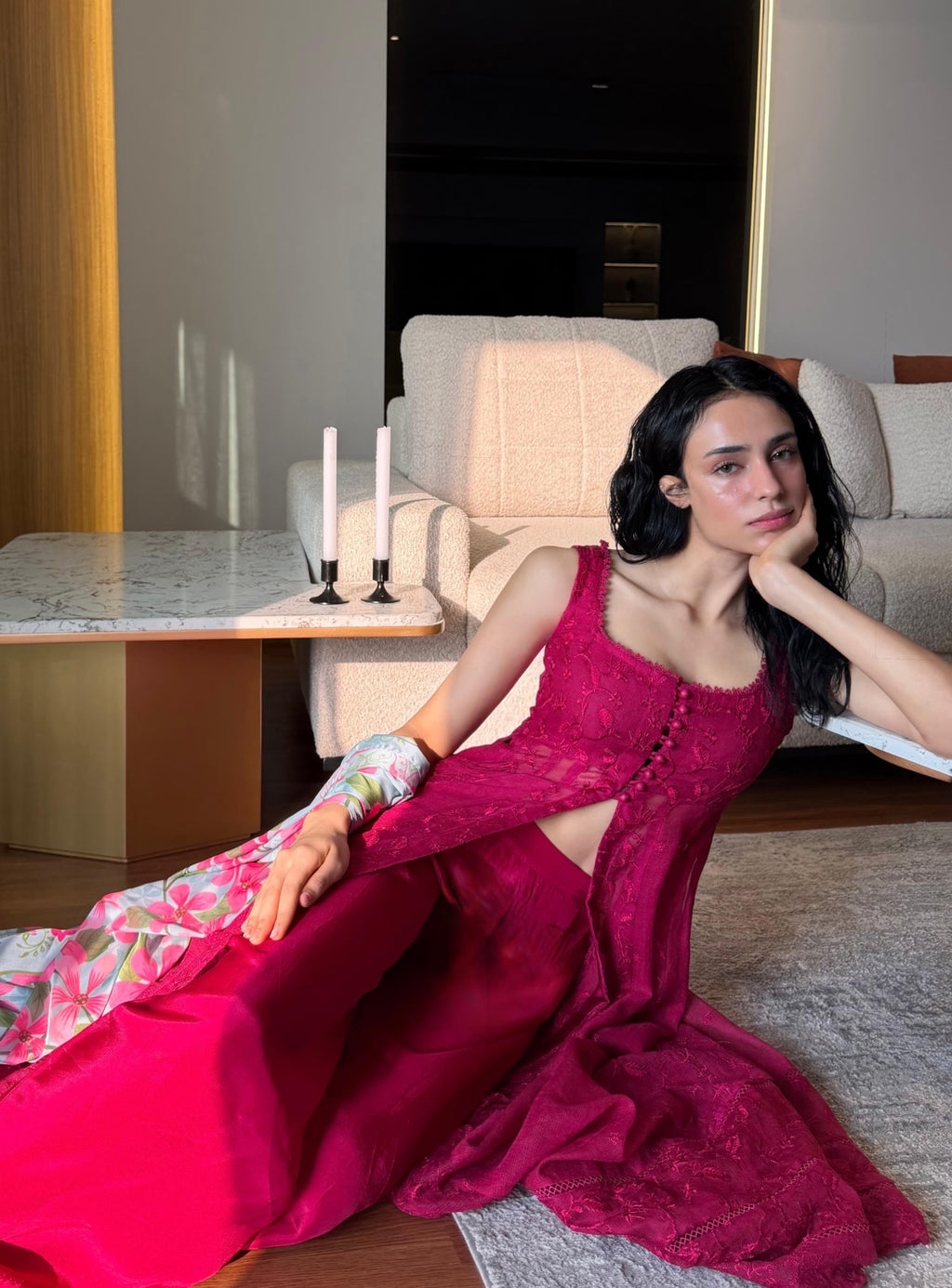 "Focus on the wide flared hemline border and sleeve cuff details of the hot pink Pishwas frock, showcasing boutique-quality tailoring."