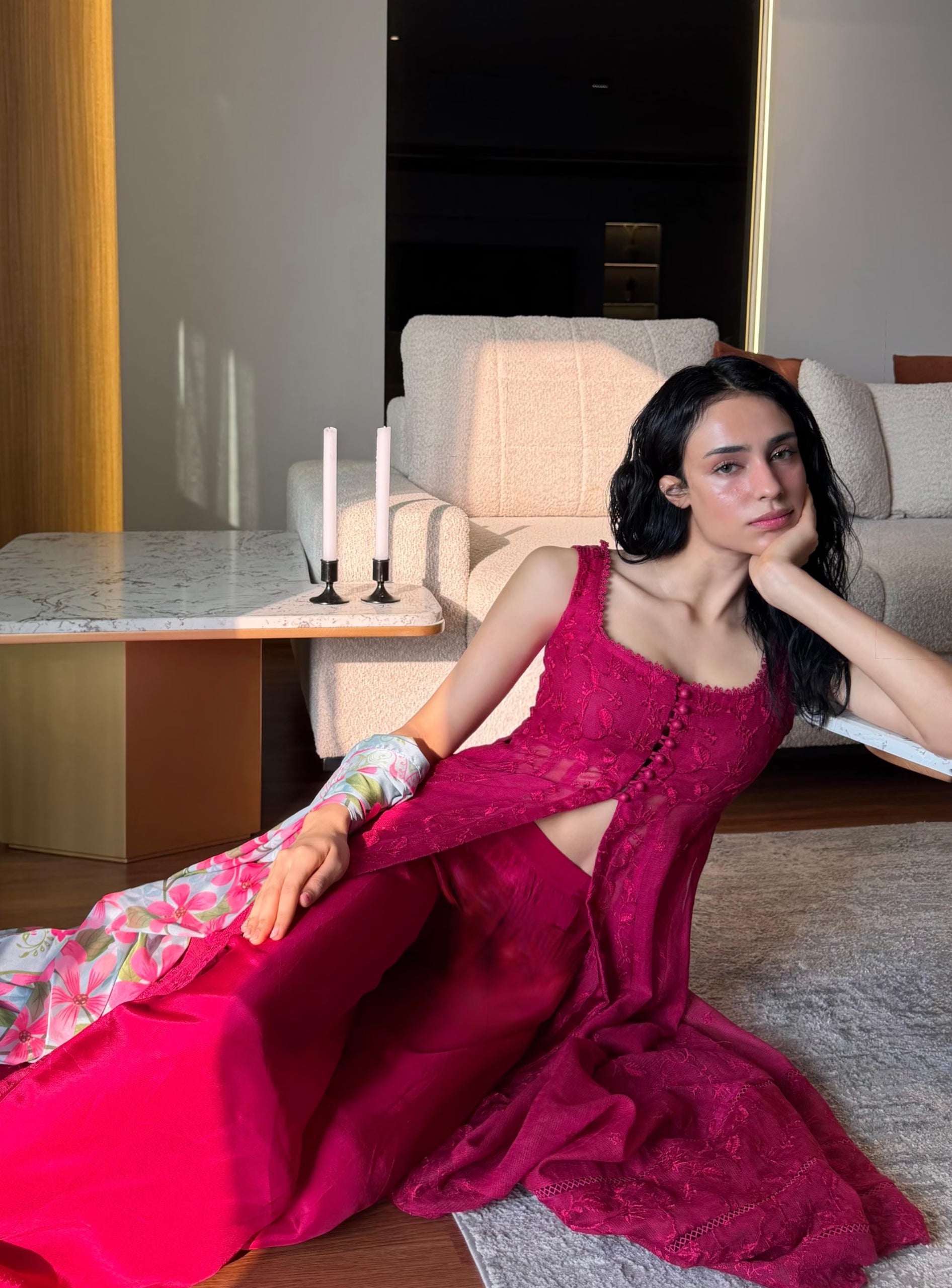 "Focus on the wide flared hemline border and sleeve cuff details of the hot pink Pishwas frock, showcasing boutique-quality tailoring."