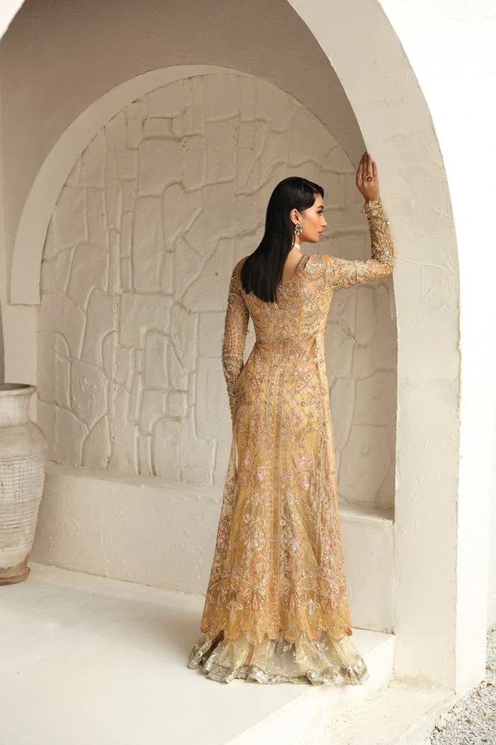 "Detailed view of the structured raw silk mermaid-panel skirt for Mysie by Tahira Humaira formal suit."