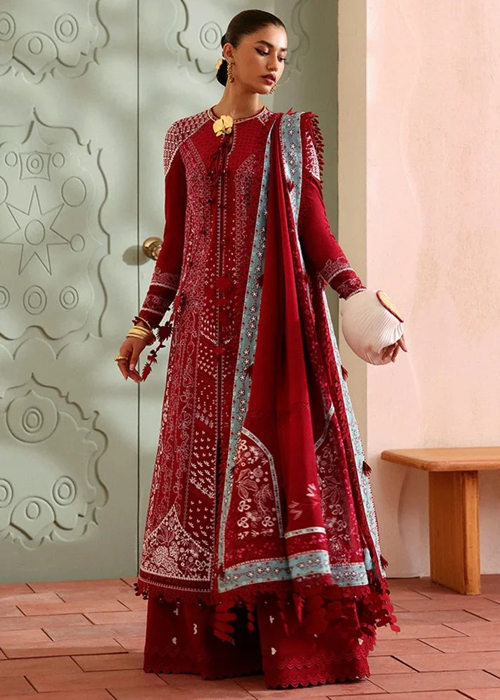 "Mirha Collections Suffuse Ineesa vibrant red front-open embroidered lawn shirt with cambric trousers and chiffon dupatta three-piece set."