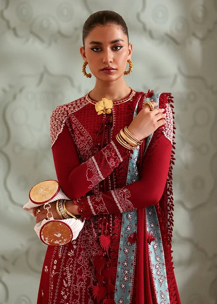 "Focus on matching red chiffon dupatta framed with contrasting turquoise organza borders paired with Suffuse Ineesa outfit."
