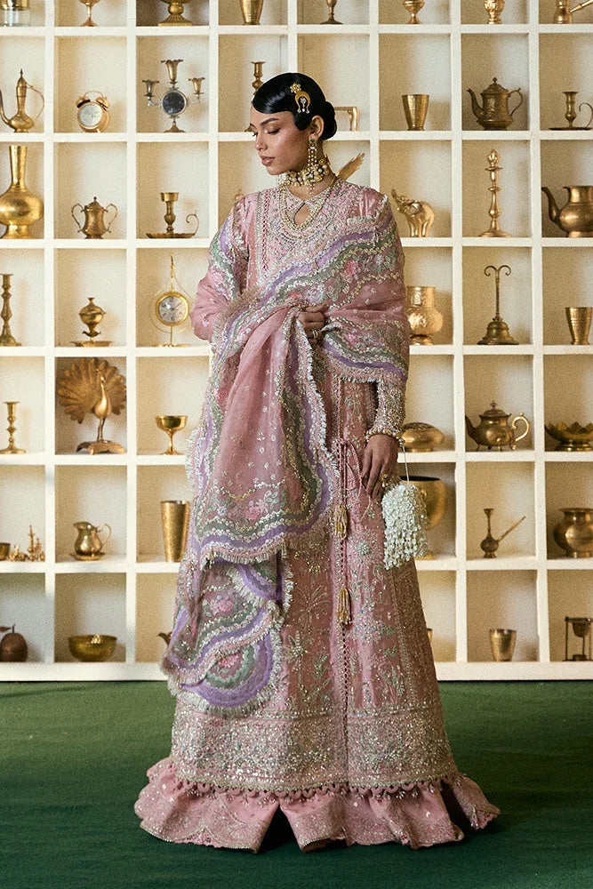 "Mirha Collections Suffuse Israna floral embroidered heavily embellished wedding formal shirt with trousers and dupatta three-piece set."