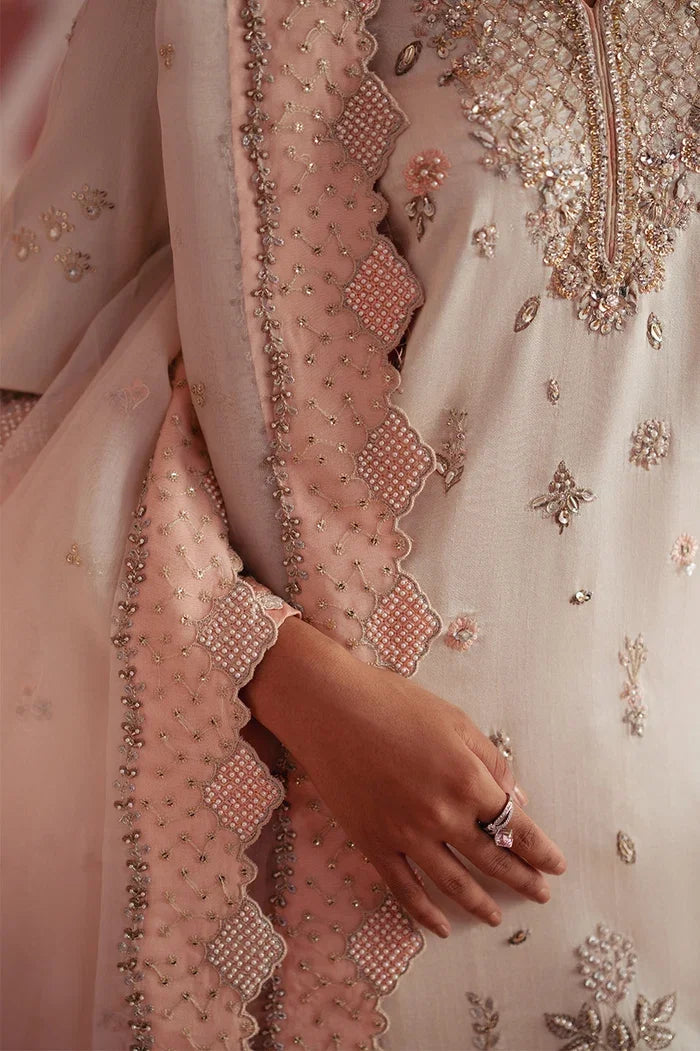 "Ivory and blush three-piece raw silk outfit – full length styled look for nikkah and festive wear"