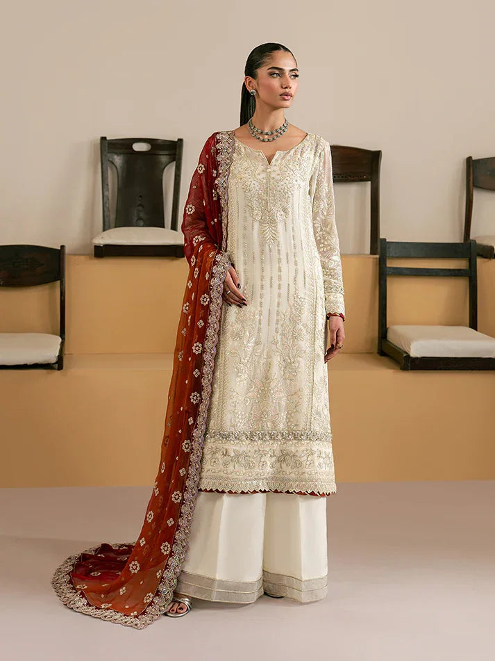 "Mirha Collections Gulaal Iyla luxury embroidered stitched three-piece chiffon suit. Full-length front view featuring tailored shirt, embellished dupatta, and trousers."
